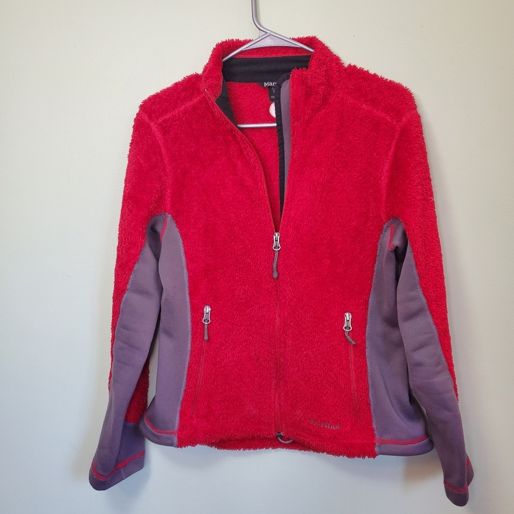 Womens Red Grey Fuzzy Marmot Polartec Hiking Base Layer Full Zip Jacket Sz Small